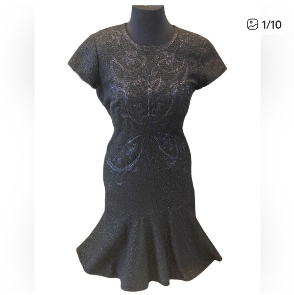 Marchessa Notte Voyage Embroidered Trumpet Flare Luxurious Dress Euc